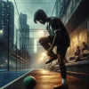 DALL·E 2024-02-05 14.03.29 – A cinematic image showcasing an Indonesian futsal player at the brink of changing their fate on the futsal field, inspired by the title ‘Ready to Chan