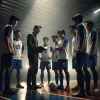 DALL·E 2024-02-05 16.10.40 – A cinematic image depicting an Indonesian futsal team in a moment of reflection after a game, highlighting leadership challenges. The scene is set in