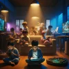 DALL·E 2024-04-16 13.32.29 – A cinematic image depicting Indonesian children of various ages engaging with digital devices, illustrating the concept of kids spending a lot of time